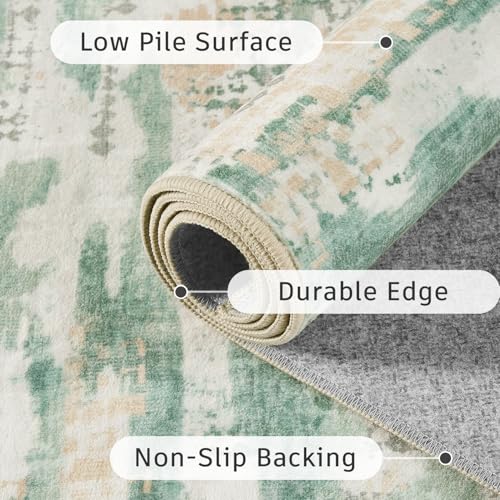 DCX Washable Abstract Area Rug 3x6, Non Slip Low Pile Rug, Sage Green | Easy to clean, non-shedding, soft, kid & pet friendly, with a non-slip rubber backing for living rooms, bedrooms, and offices - color: Green & White, size: 3' x 6'