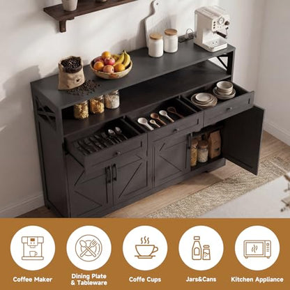Lahomie 55" Sideboard Buffet Storage Cabinet, Coffee Bar Cabinet,Dark Brown | Coffee Bar Station with Power Outlet, Farmhouse Sideboard with 3 Drawers Adjustable Shelves Open Shelf, Kitchen, Living Room - color: Dark Brown, size: 55"W