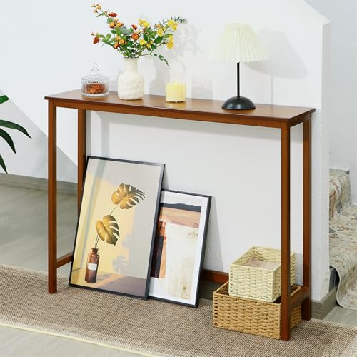 Bamboo Narrow Console Table, 39.4"(L) Wood Small Entryway Table, Accent Slim Hallway Tables, Thin Sofa Side Tables for Hallway, Living Room, Bedroom, Foyer, Walnut - color: Walnut
