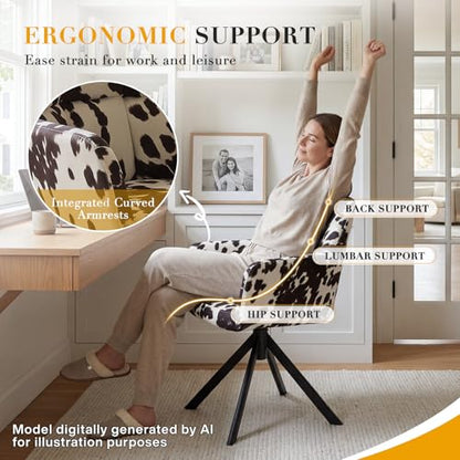 EALSON Comfy Velvet Desk Chair Modern Computer Task Chair no Wheels Swivel Accent Chair with Mid Back Arm Chair for Living Room/Bedroom/Home Office, Cow Print - color: Cow Print