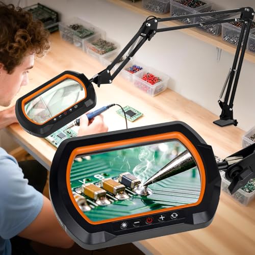 HITTI 12X Square Ultra Long Magnifying Glass with Light and Clamp | 3-Section Arm Hands Free Lighted Stand, 5 Color Modes, Stepless Dimming LED Desk Lamp for Workbench, Crafting, Reading-Yellow