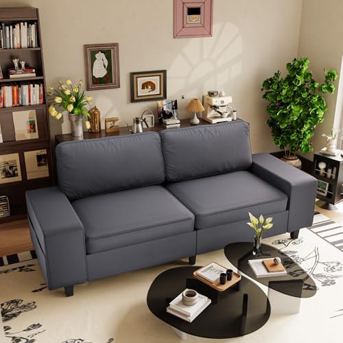 84" Leathaire Loveseat Couch, 3 Seater Retro Sofa with 4 Side Pockets, Removable and Washable Cushions, Living Room，Apartment, Office (Dark Grey) - color: Dark Grey Leathaire, size: 84 "
