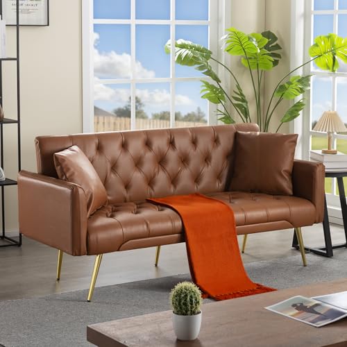 Anwick 72''Modern Velvet Sofa Bed Futon,Convertible Folding Sleeper Couches with 3 Adjustable Backrests,Tufted Recliner Loveseat with Golden Chrome Legs for Living Room Apartment Office (Brown) - color: Brown