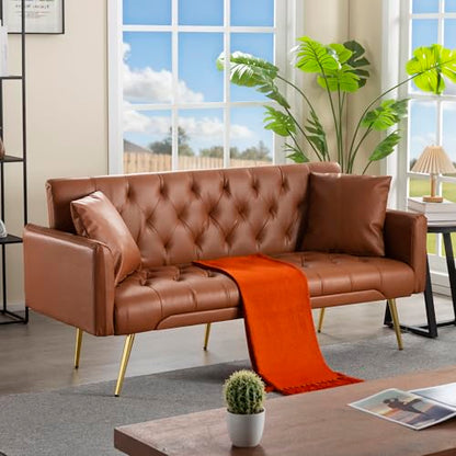 Anwick 72''Modern Velvet Sofa Bed Futon,Convertible Folding Sleeper Couches with 3 Adjustable Backrests,Tufted Recliner Loveseat with Golden Chrome Legs for Living Room Apartment Office (Brown) - color: Brown