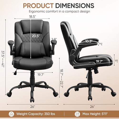 Home Office Chair with Lumbar Support, 5" Thickened Seat, Small PU Leather Rocking Desk Chair, Comfy Computer Chairs with Rolling Wheels & Adjustable Armrests for Adults, Black - color: Black