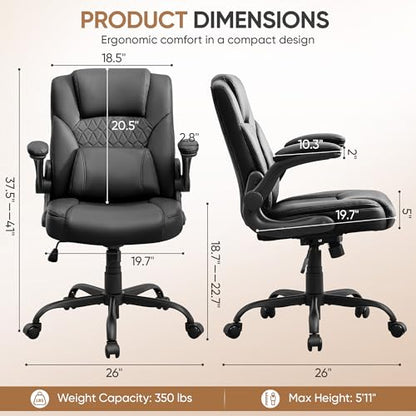 Home Office Chair with Lumbar Support, 5" Thickened Seat, Small PU Leather Rocking Desk Chair, Comfy Computer Chairs with Rolling Wheels & Adjustable Armrests for Adults, Black - color: Black