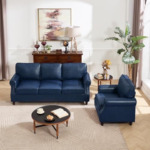 Mid-Century Modern Couch, Faux Leather Sofa Set, 3 Seater Couch for Living Room with Rolled arms & Nailhead Trim, Blue - color: Blue, size: PU Standard + Chair- New Type