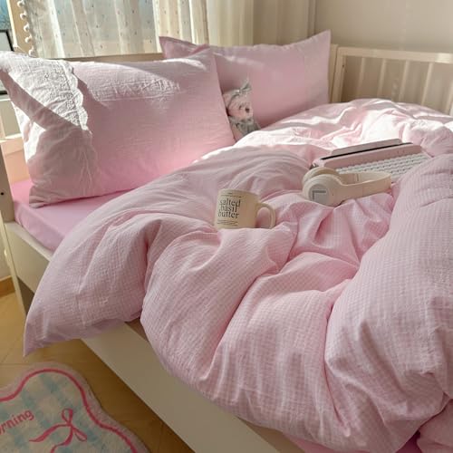mixinni Pink Gingham Duvet Cover Twin Size - 3 Piece Cottagecore Plaid Bedding Set with Lace Trim, Soft Washed Microfiber Vintage Aesthetic Grid Comforter Cover & Pillow Shams, (Pink White Gingham) - color: 03 - Pink Gingham, size: Twin(68" x 86")