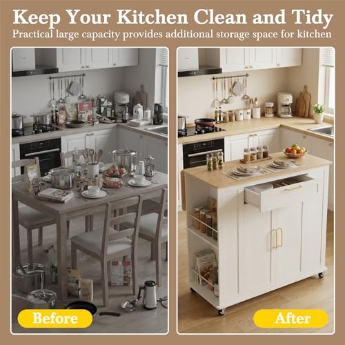 Kitchen Island Cart with Folding Drop Leaf, Kitchen Island on Wheels with Storage & Adjustable Shelves, Portable Kitchen Island with with Spice Rack & 5 Casters, for Kitchen, Dinning Room, White