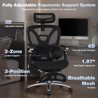 MALOL Ergonomic Office Chair, 400lbs High Back Mesh Desk Chair with 6D Armrests, 3D Headrest, Adjustable Lumbar Support, Seat Depth Adjustment, Tilt Lock, Metal Base & PU Wheels, Black - color: Black