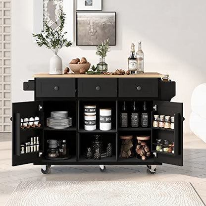 Kitchen Island, Rolling Kitchen Cart with Drop Leaf Top | Drop leaf countertop expands prep and serving space, folds down to save room in compact kitchens or dining areas - color: Black + Mdf + Rubber Wood