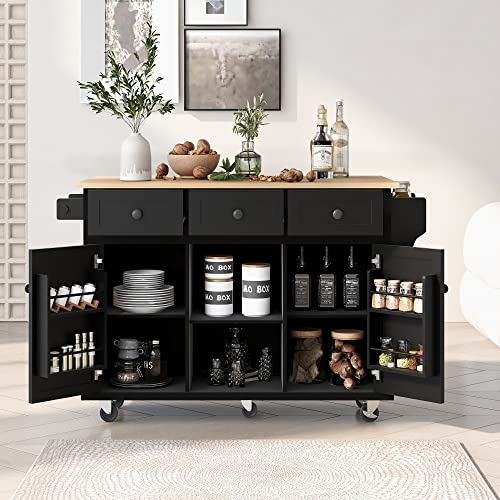 53'' Rolling Kitchen Island with Storage, Large Kitchen Cart On Wheels with Drop Leaf & Power Outlet & Drawers, Mobile Kitchen Table with 3 Drawers, for Dining Room (Black) - color: Black
