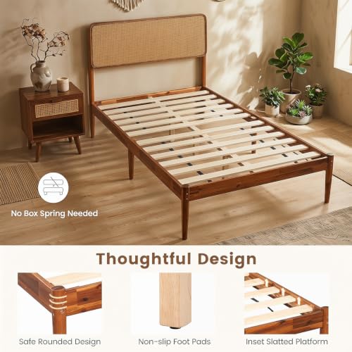 Giantex Wooden Bed Frame Twin Size, Rattan Headboard Platform Bed (Twin) | Wooden Slat Support, Acacia Wood Mattress Foundation No Box Spring Needed - size: Twin