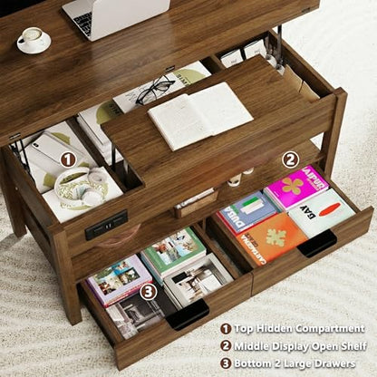 40" Lift Top Smart Coffee Table for Living Room | Power Outlets, LED Lights, Lifting Top, Storage Drawers & Compartments, for 4-6 People, Walnut - color: Walnut
