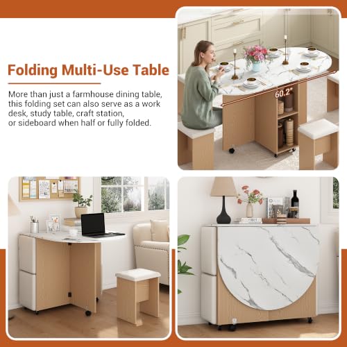 5 PCS Farmhouse Dining Table Set for 4,60" Large Round Folding Dining Table Set w/ 4 Leather Chairs, Drop Leaf Oval Modern Kitchen Table for Small Spaces,6 Wheels,2-Layer Storage Shelf,White Marble - color: White Marble