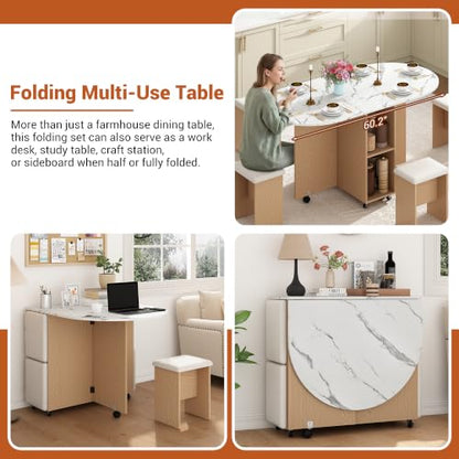 5 PCS Farmhouse Dining Table Set for 4,60" Large Round Folding Dining Table Set w/ 4 Leather Chairs, Drop Leaf Oval Modern Kitchen Table for Small Spaces,6 Wheels,2-Layer Storage Shelf,White Marble - color: White Marble