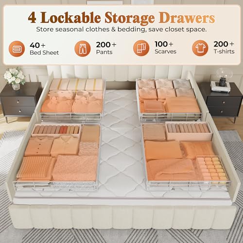 Bed Frame King Size with Upholstered Headboard & Charging Station, King Bed Frame with 4 Storage Drawers, 2-Tier Open Shelves, No Box Spring Needed, Slient Foam Strip, Easy Assembly, Beige - color: Beige, size: King
