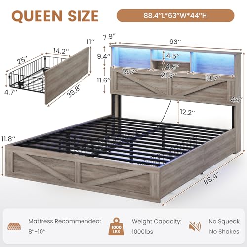 Farmhouse Bed Frame Queen Size with Bookcase Storage Headboard, Charging Station and LED Lights, Wooden Queen Bed Frame with 4 Drawers, Barn Door Design, No Box Spring Needed, No Noise, Grey - color: Grey, size: Queen