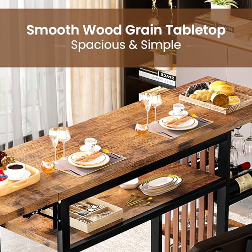 Recaceik 59" Bar Dining Table Set for 2, Bar Table and Chairs Set, Expandable Counter Height Dining Table Set, Small Kitchen Bar Table with Wine Racks & Storage, Breakfast Nook Set for Small Space - size: 59 inches