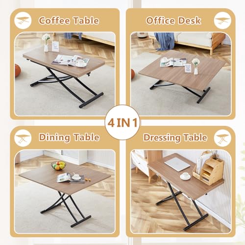 Adjustable Height Coffee Table, Folding Dining Table, Wood & Black | Convertible lift top table for use as a coffee table, dining table, home office desk or vanity - color: Wood & Black Legs