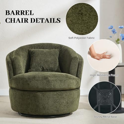 Swivel Accent Chair, Widened Round Barrel Chair with Pillow | Wide Padded Seat, Upholstered Polyester, Silent 360° Swivel Barrel Armchair for Living Room Bedroom Reading Nook, Green - color: Green