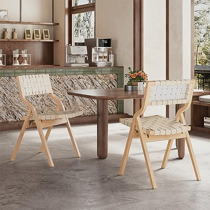 Wood Folding Chairs, Foldable Chairs Wooden Indoor Stackable Dining Chairs for Kitchen & Dining Room Chair Woven Seat & Webbing Back, Dining Chair Set of 2 - color: Beige/Natural, Pu Leather