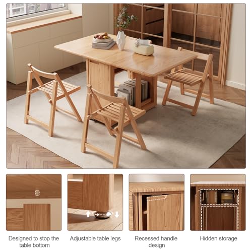 AnywaysWood Folding Dining Table with 4 Foldable Chairs Set, Space Saving Extendable Solid Wood Drop Leaf Table for Kitchen Dining Living Room Small Spaces Easy Assembly (55.12"×31.5"×30") - size: 1 table4Chairs log wood
