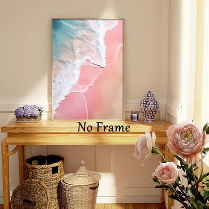 Pink Blue Beach Canvas Wall Art Coastal Themed Beach Landscape Painting Sea Coast Wall Art Pink Coastal Aesthetic Prints Ocean Pink Artwork Sea Preppy Pictures Ocean Waves Poster 16x24inch No Frame - color: A2Unframed