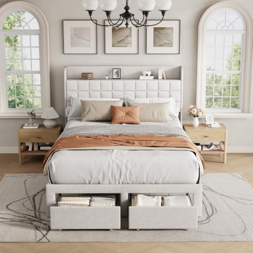 DUMOS Full Bed Frame, Upholstered Platform Bed Frame with Storage Drawers | Full Size Bed Frame With Storage Drawers, with Headboard, Wood Bed Slats Support 882 lbs, No Box Spring Needed, Light Grey - color: Light Gray, size: Full