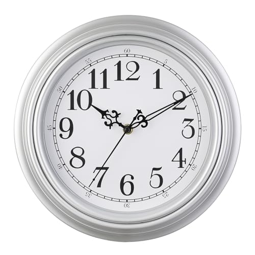 Plumeet Retro Wall Clock, 12'' Non Ticking Classic Silent Vintage Wall Clocks Decorative Kitchen Living Room Bedroom - Battery Operated, Silver - color: Silver, size: 12''