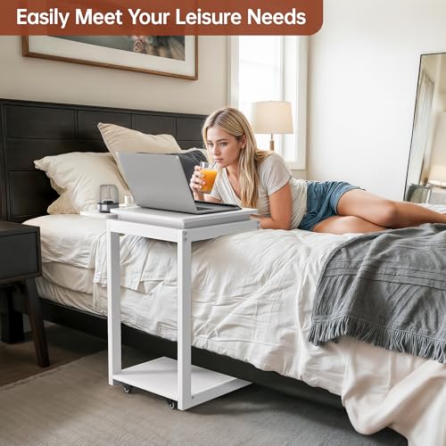 C Shaped End Table for Couch Rolling Side with Wheels White | Wood, Desk Tv Tables, with Folding Desktop, Lockable Wheel, with Hidden Storage, for Living Room, Bedroom - color: White