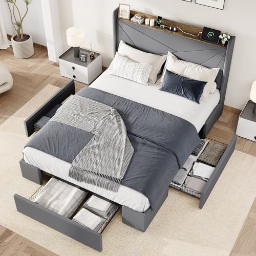 Allewie Full Size Velvet Bed Frame with Storage Drawer and USB Ports, Grey | 3 Large Storage Drawers, Upholstered Wingback Storage Headboard, Charging Station, No Box Spring Needed, Easy Assembly - color: Grey, size: Full