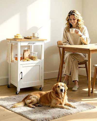 VEVOR Kitchen Island Cart with Single Door Cabinet, Mobile Carts with Drawer, Towel Rack, Hooks, Portable Table on Swivel Wheels, Small Coffee Islands Microwave Stand for Dining Room, 18x23 in, White - size: 17.72"D x 23.23"W x 35.83"H, style: Moveable 1