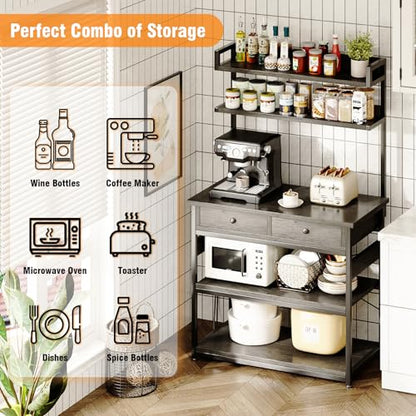 Mexin Baker's Rack with Power Outlet, 5-Tier Kitchen Storage Shelf with 2 Drawers, Industrial Microwave Stand Coffee Bar Station, 58.5" Heavy Duty Utility Rack for Spice Pots and Pans, Gray Oak - color: Gray Oak