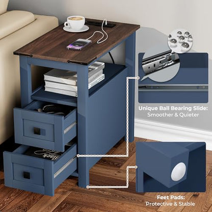 VVFLU Farmhouse End Table with Charging Station and 2 Storage Drawers, Blue Wood Nightstand Narrow, Skinny Side Table Rustic, Slim Bedside Table, Open Shelf, Small for Bedroom, Living Room, Sofa - color: Blue/Wood