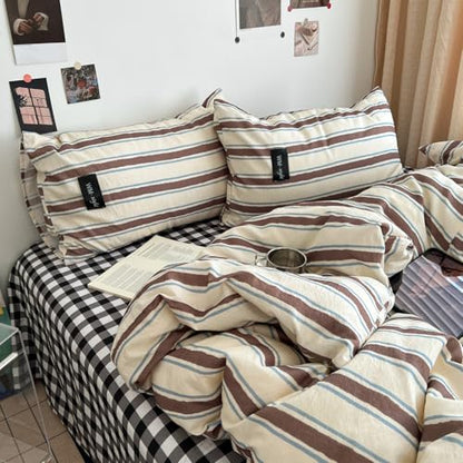 Striped Duvet Cover Queen Size Brown Blue Stripes Bedding Set Retro Striped Geometric Pattern Duvet Cover Set Soft Lightweight Microfiber Quilt Cover with Zipper Closure and 2 Pillowcases - color: Brown Blue Striped, size: Queen (1 Duvet Cover + 2 Pillowc