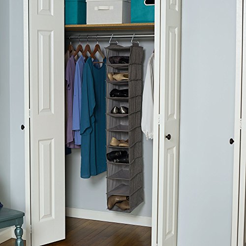 Household Essentials 10-Shelf Wide Hanging Shoe Organizer, Soft and Durable Polyester, Versatile, Breathable, Stylish, Compact, Sturdy Hooks for Rod or Wire Closets, Gray - color: Grey