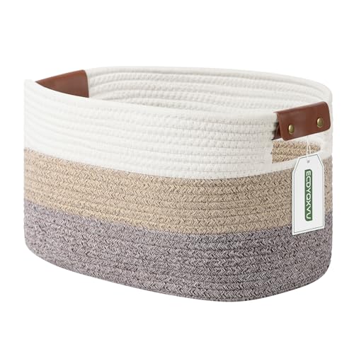 ECDYQXVU 15x10x9 Woven Cotton Rope Storage Basket, Leather Handles 1 Pack | Foldable Design, Sturdy PU Handles, Easy to Clean Organizer for Living Room, Closet, Shelves, Bedroom, Laundry, Clothes - color: Gradient Brown-1 Pack, size: 1 Pack