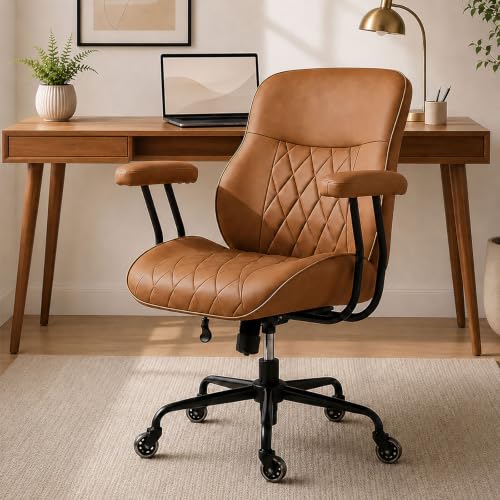 BEWISHOME Brown Leather Office Chair with Quiet Rubber Wheels | 380 lb Capacity, 22" Wide Seat, Removable Armrests, Lumbar Support ,Ergonomic Design for Home Office. Mid Century Modern