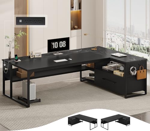 71" Executive Desk, L Shaped Office Desk with Widen File Drawers | Reversible Large Corner Computer Desk with Cabinet,Power Outlets,Storage Shelves,CPU Stand, Hooks,Business Furniture Black - color: Black, size: Widen Drawer