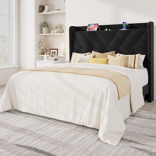 Allewie Full Size Platform Bed Frame with Charging Station and Storage Shelf/Upholstered Velvet Wingback Headboard/Wooden Slats Support/No Box Spring Needed/Easy Assembly, Black - color: Black, size: Full