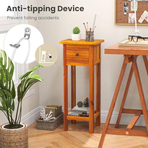 Narrow Side Table, Tall Nightstand with Drawer and Shelf, Small Bedside Tale for Small Space, Living Room End Tables, No Assembly (1, Brown) - color: Brown