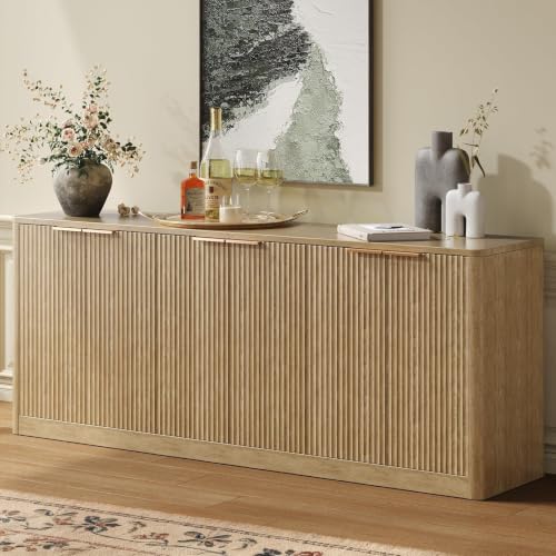 Evermagin 67" Fluted Oak Buffet Cabinet with Storage | Mid-century modern wood sideboard, large credenza with 6 doors for kitchen or living room, 67"W x 31.5"H x 15.7"D - color: Oak, size: 67 Inches
