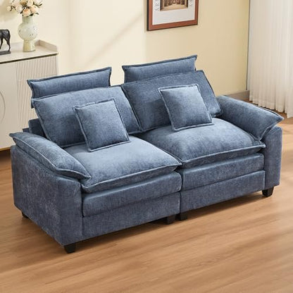 72'' Cloud Modern Loveseat Couch with Detachable Headrest, Modular Sectional Sofa Couch Deep Love Seat, Oversized 2 Seater Chenille Comfy Sofa with Armrests for Living Room, Blue - color: Blue, size: Loveseat