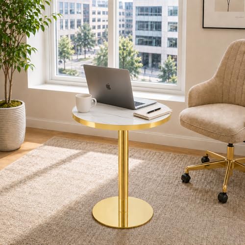 TesNus 23.6" Tulip Dining Table for 2, Small Round Tulip Table, Faux Marble Top with Gold Metal Pedestal Base, Modern Leisure Dining Table for Small Spaces, Cafe, Office, White&Gold - color: White Top&gold Base