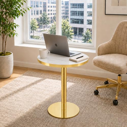 TesNus 23.6" Tulip Dining Table for 2, Small Round Tulip Table, Faux Marble Top with Gold Metal Pedestal Base, Modern Leisure Dining Table for Small Spaces, Cafe, Office, White&Gold - color: White Top&gold Base