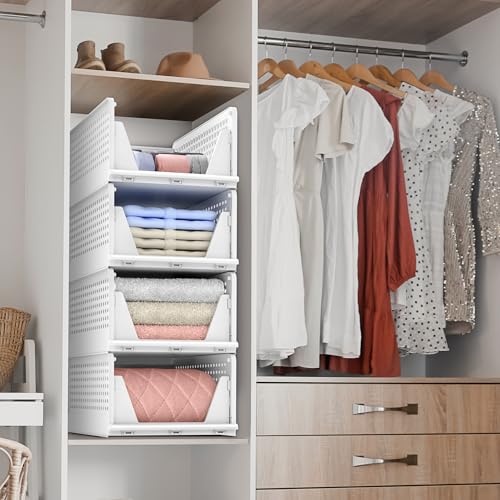 Sorbus 4 Pack Medium Shelf Organizer with Open Front Design Under Shelf for Closet Bathroom Kitchen Garage Plastic Stackable Storage Baskets - size: 4 Medium