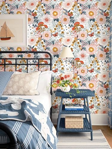Floral Wallpaper Peel and Stick Wallpaper Boho Retro Contact Paper 17.3''x197'' White Bohemian Vintage Removable Wall Paper Renter Friendly Waterproof Wall Mural Bedroom Bathroom Vinyl - color: White&Pink Floral, size: 17.3" x 197"