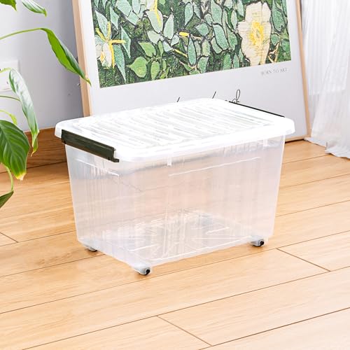 Cetomo 40Qt*3 Plastic Storage Bins, Storage Box, 3 Pack, Organizing Container with Wheels, Durable Lids and Secure Latching Buckles, Stackable and Nestable, Clear with Black Buckle - size: 35L*3