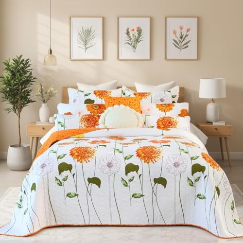 EVENHUG 100% Cotton Quilt Set Queen Size Orange Sunflower Floral Bedding Sets with Pillow Shams Breathable Lightweight Bedspreads Coverlet for All Season 3 Piece (92"x96") - color: Orange, size: Queen